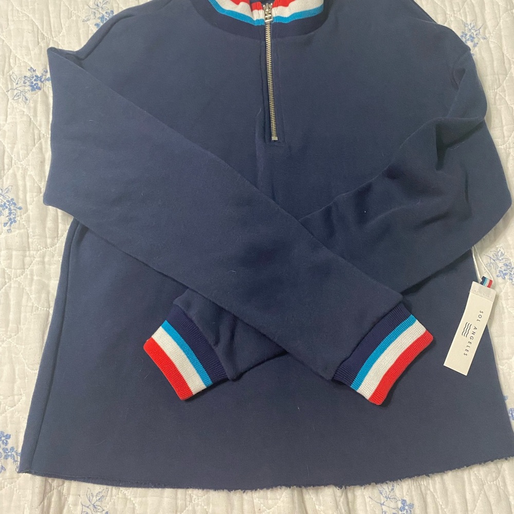Sol Angeles Blue Quarter-Zip Sweatshirt with Striped Cuffs NWT Size Medium